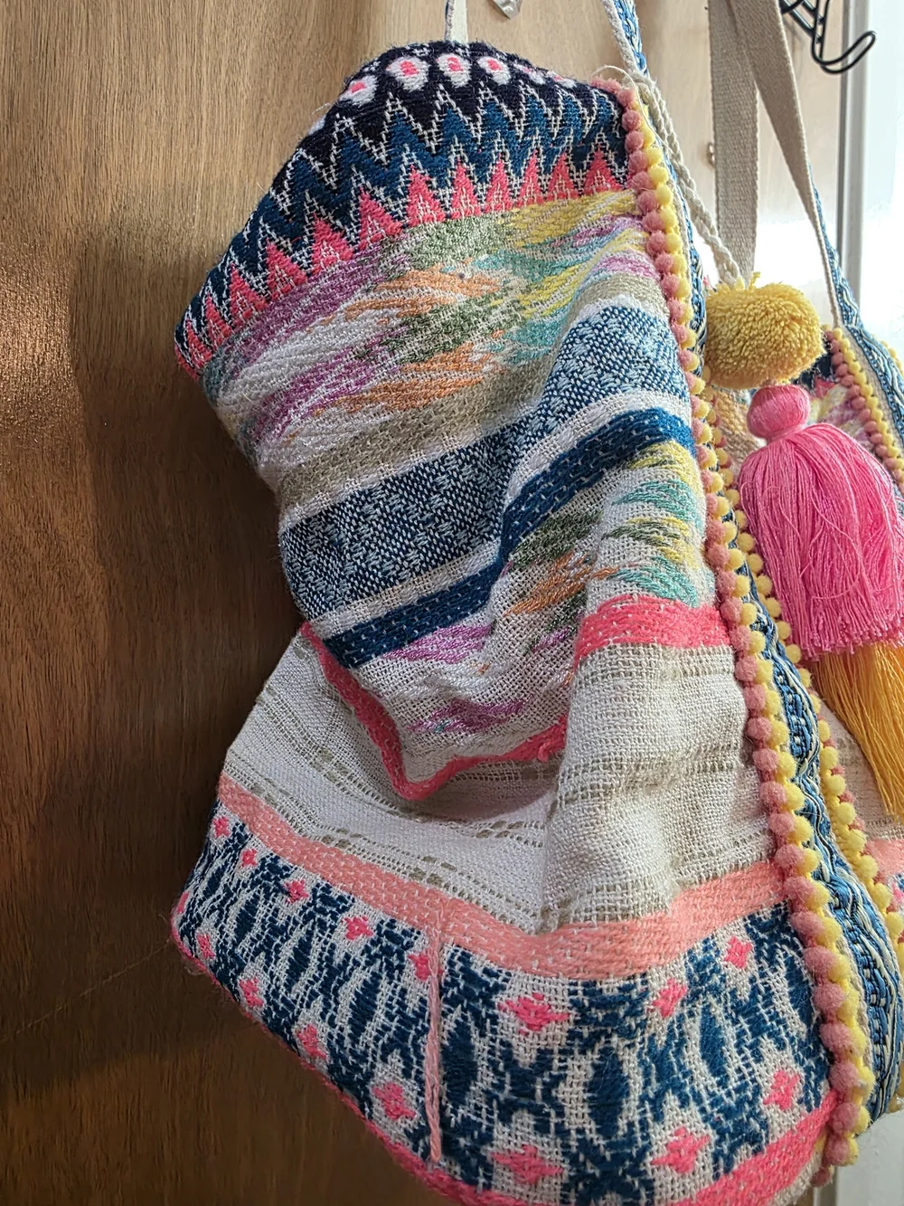 Multicolor Woven Boho Tote with Pink & Yellow Tassels